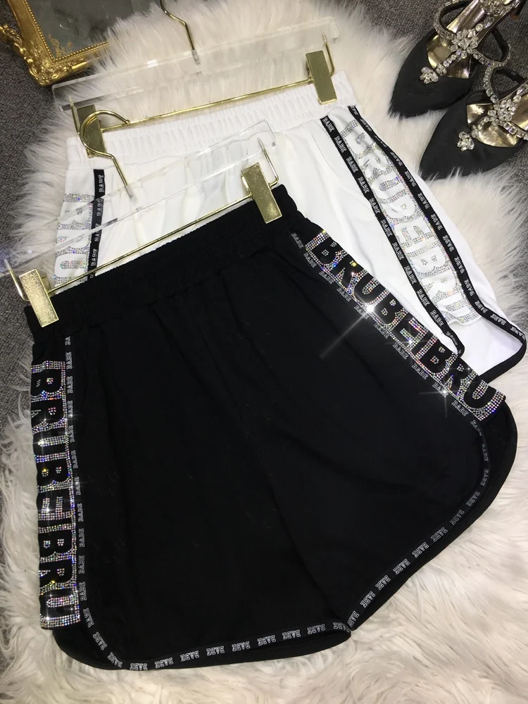 

Letter Hot Drilling Female Shorts 2022 New Summer Fashion All-match Loose Elastic Waist Wide Leg Thin Short Pants Casual