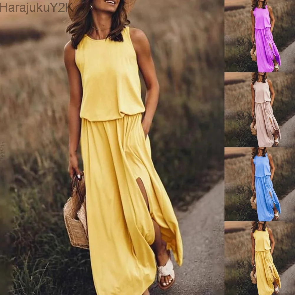 

2023 Fashion Solid Color Slit Hem Feminine Round Neck Sleeveless Dress