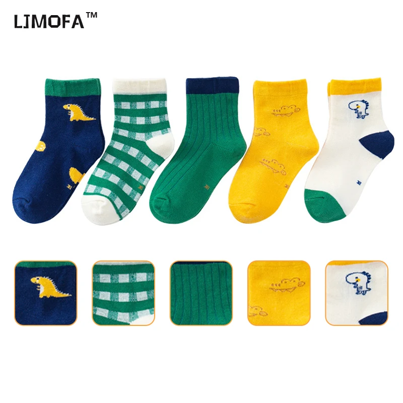 

LJMOFA 1-12Y 5 Pairs Toddler Boys Socks Cotton Absorb Sweat Cartoon Dinosaur Animal Print Cute Kid Sock Fashion Mid socks C108