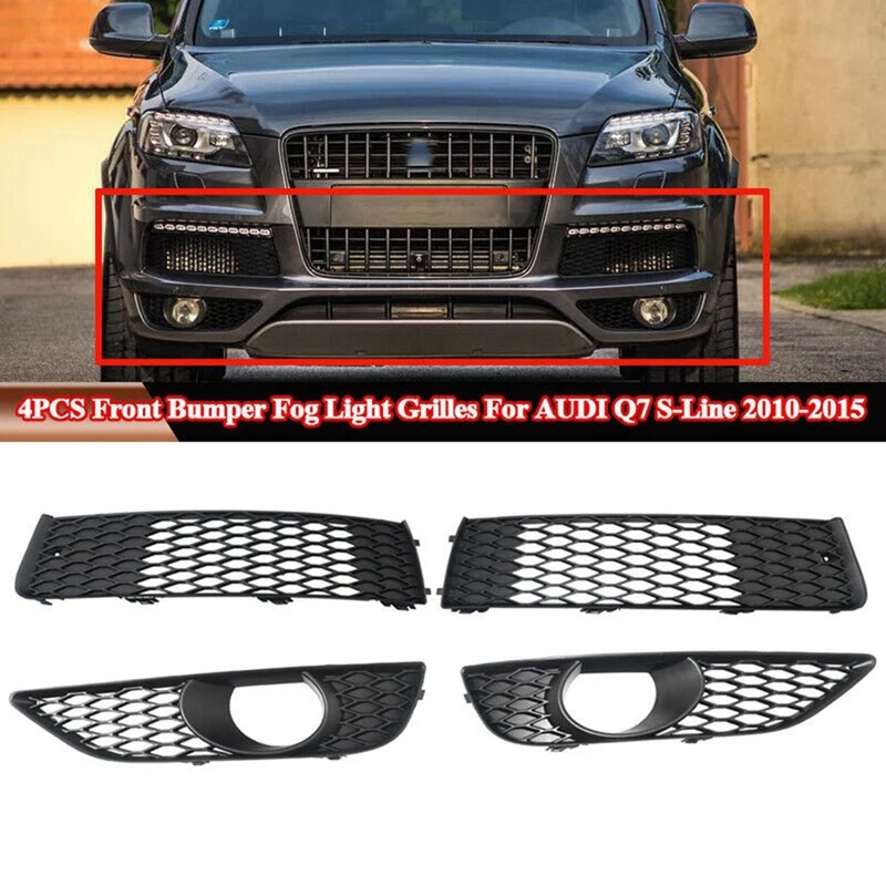 

4X Front Bumper Lower+Upper Mesh Grille Fog Light Bezel for-Audi Q7 S-Line 2010-2015 4L0807697B 4L0807698B