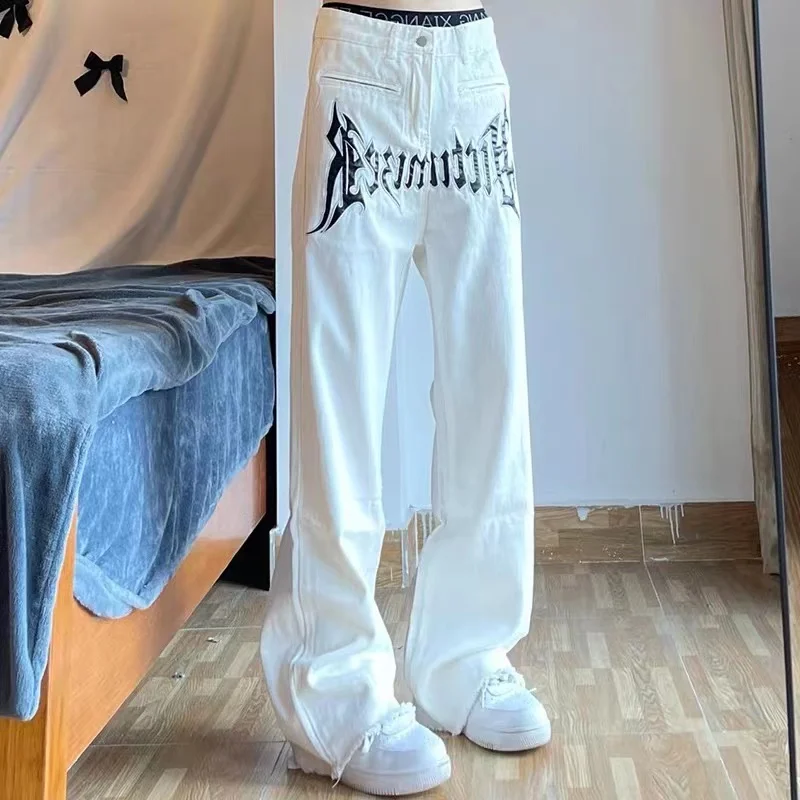 

Мужские джинсы Y2K, кожаные прямые свободные, с вышивкой, белые, уличные