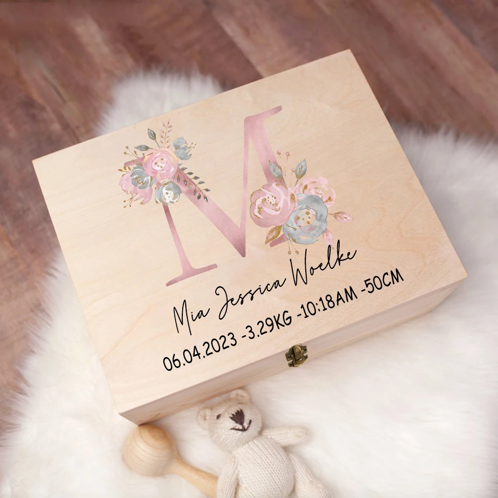 Custom Memory Box Flower Letter Print Wooden Box Newborn Shower Gift Baby Birth Stats Box