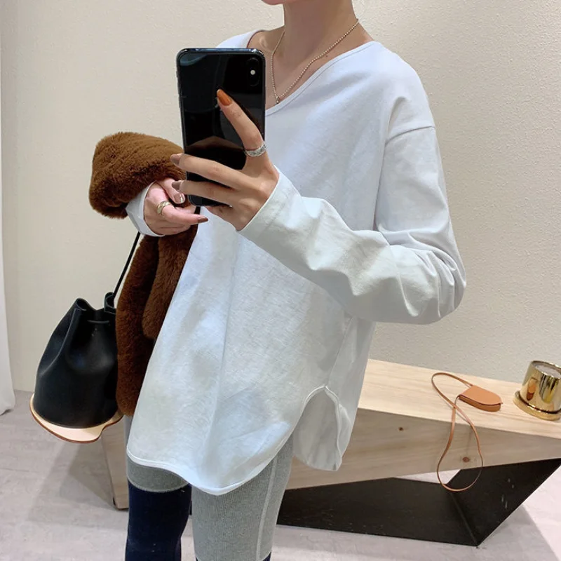 

Simplicity Solid Split Hem T Shirt Tops Spring Autumn New Long Sleeve O-neck Loose Bottoming Shirt Casual Fashion Women Clothing