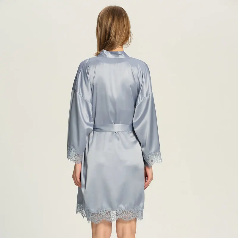 Satin Lace Robe w/ Trim Gown Bridal Wedding Bride Bridesmaid Kimono Robe Silk Dress Bathrobe Nightgrowns