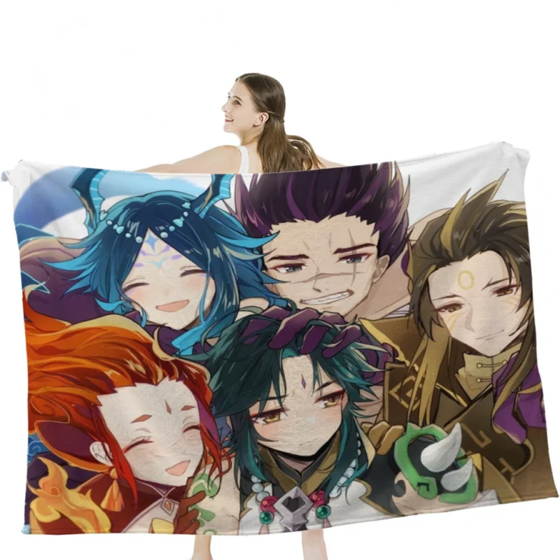 

Одеяло Genshin Impact с персонажами Chibi, мягкое бархатное покрывало для кемпинга, постельное белье для путешествий