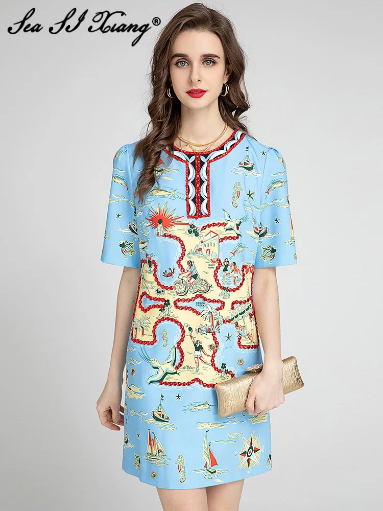 

Seasixiang Fashion Designer Summer Dress Women O-Neck Short Sleeve Crystal Diamonds Vintage Print Mini Dresses