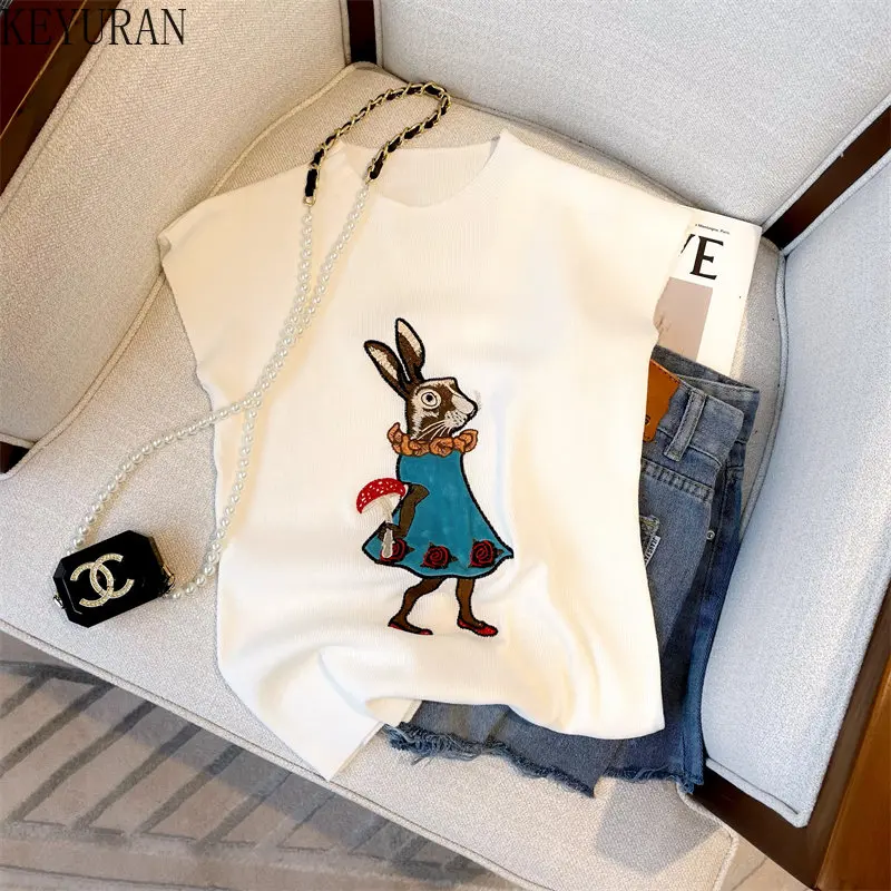 

Женский трикотажный жилет, облегающий свитер без рукавов с вышивкой кролика, укороченный топ из вискозы, 2023