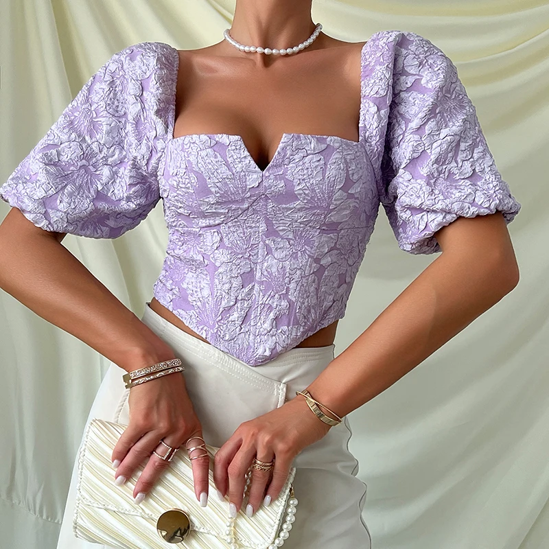 

Crop Tops Blouse Women Puff Sleeve Contrast Color Shirts Square Collar Lace Temperament Summer Blouses 2023 Blusas Mujer De Moda