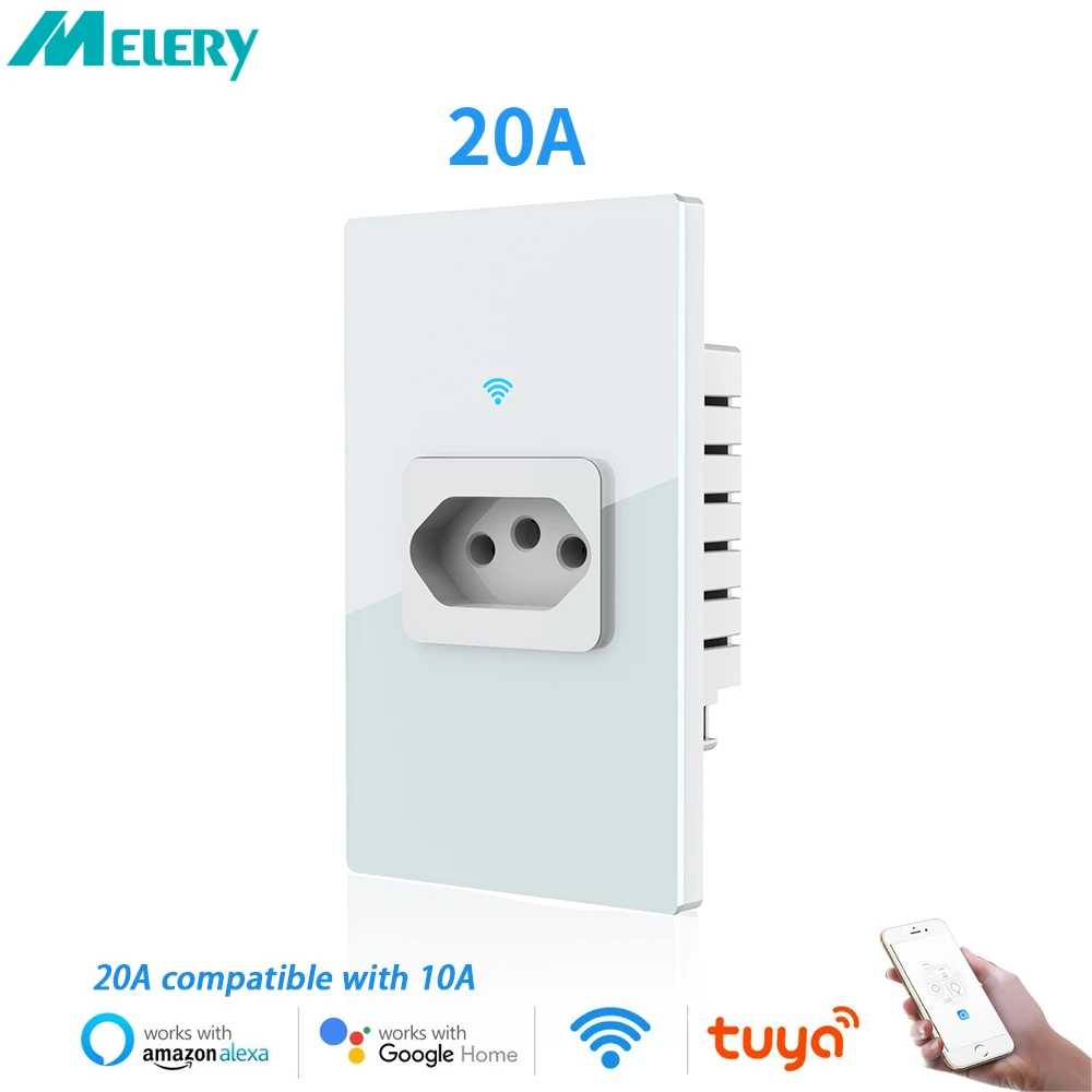 

Melery Wifi Smart Tuya Brazil Wall Socket Power Monitor Electricity Statistics 20A Plug Outlet Glass Panel by Alexa Google Home