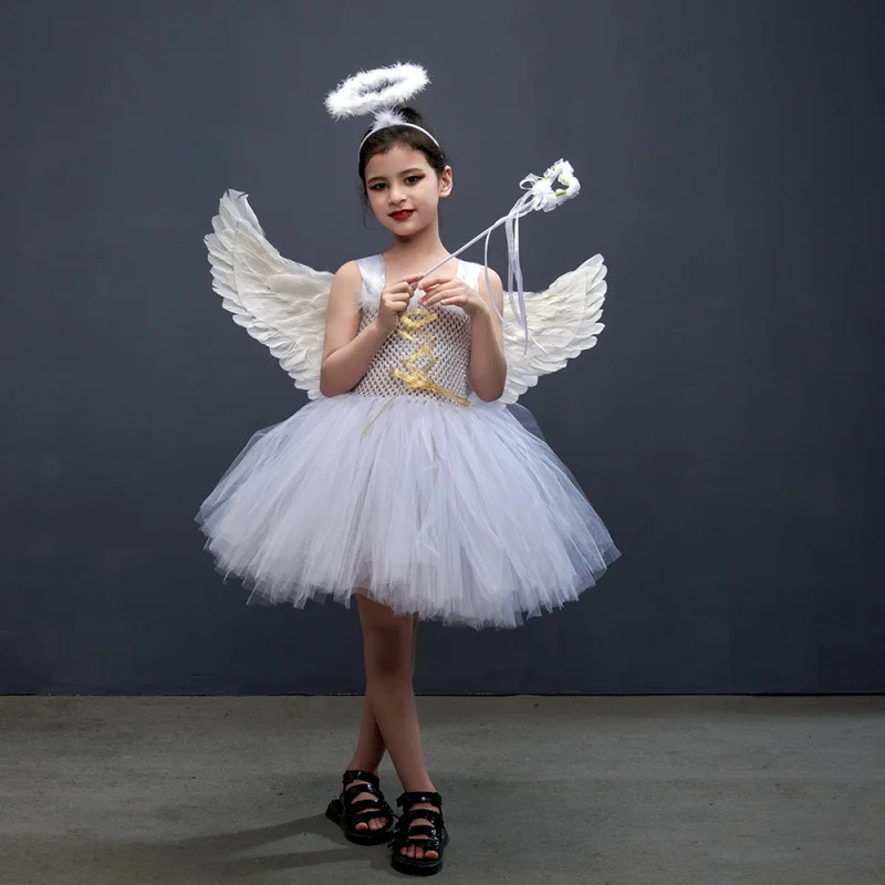 

White Angel Heaven Christmas Fancy Dress Up Costume for Girls Cosplay Halloween Party Tutu Dress Princess Fairy Kids Outfit.
