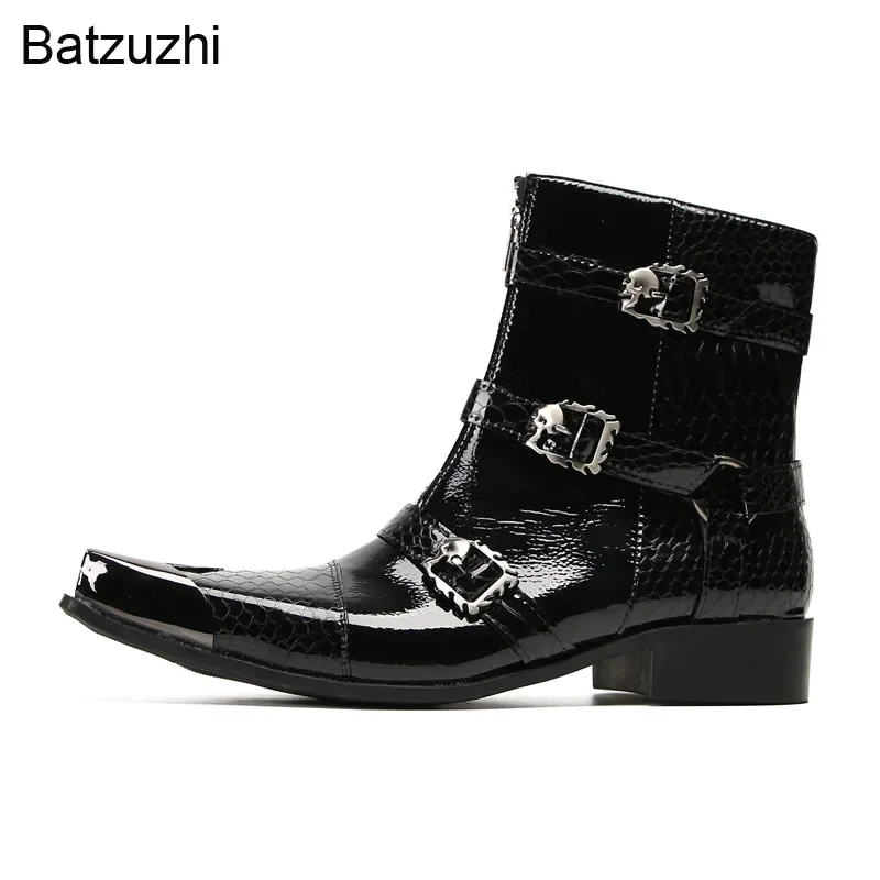 Batzuzhi Черные кожаные мужские ботинки в стиле панк-рок Мужские с квадратным носком