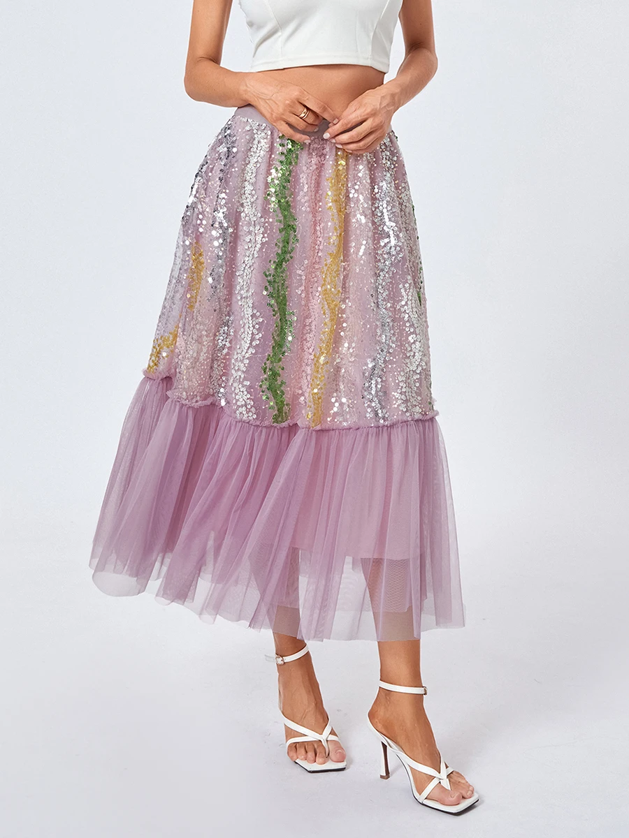 

Модные женские тюлевые юбки s, эластичная многослойная сетчатая юбка миди с высокой талией и красочными блестками, повседневная одежда