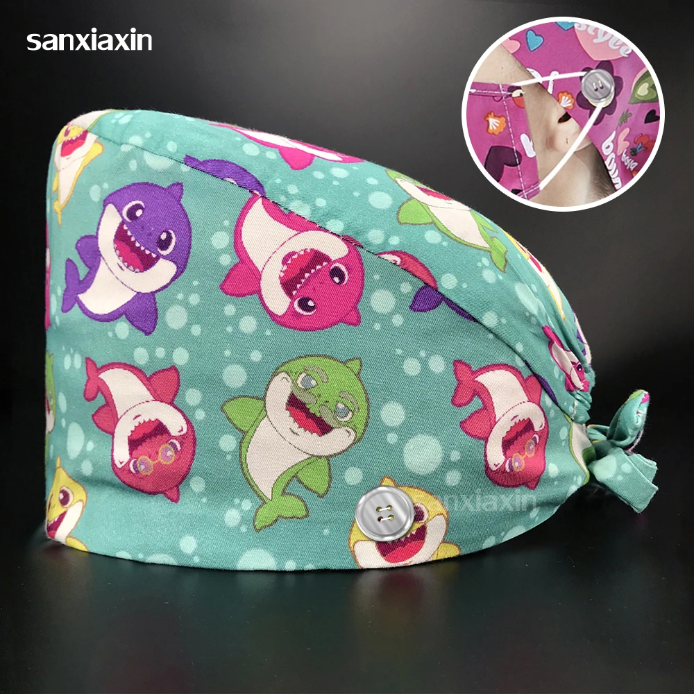 

High Quality Floral Soft Hat Printing Nurse Sweat-absorbent Head Wrap Towel Surgical Pure Cotton Cap With Button doctor hat