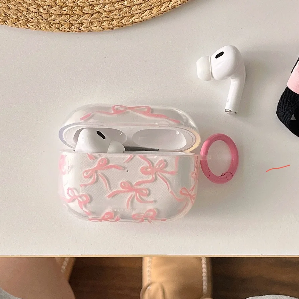Розовая завязка-бант для AirPods 1/2 с брелоком Pro 2 4-й зарядный бокс Fundas 3 прозрачный