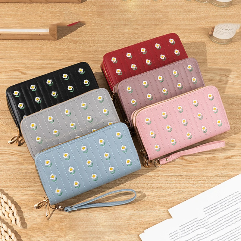 Flower Long Women's Wallet Female Purses Coin Purse Card Holder Wallets Double Zipper Pu Leather Clutch Luxury Money Phone Bag