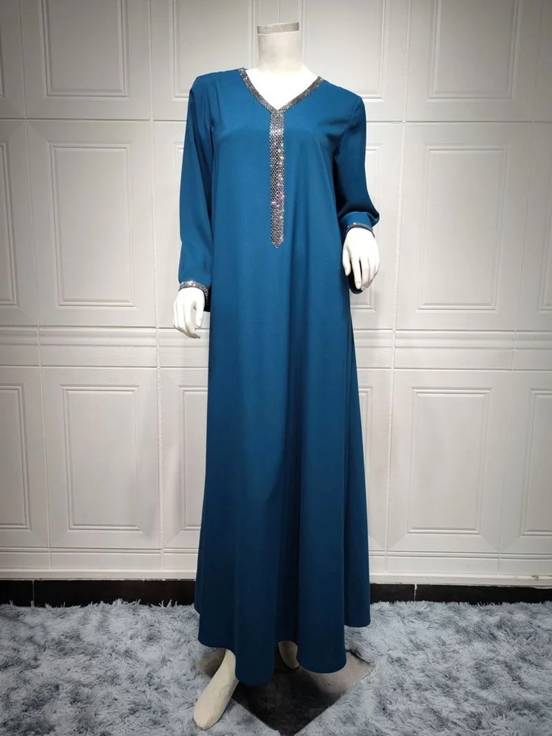 Arabic Long Dress Jalabiya Women Rhinestones Gandoura Muslim Ramadan Loose Casual Abaya Moroccan Caftan Dubai Islam Saudi Kaftan
