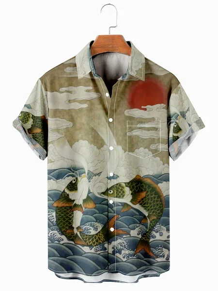 

Koi Fish Print Summer Shirts Men Button Up Lucky Hawaii Beach Shirts Harajuku Fashion Oversized Unisex Clothes