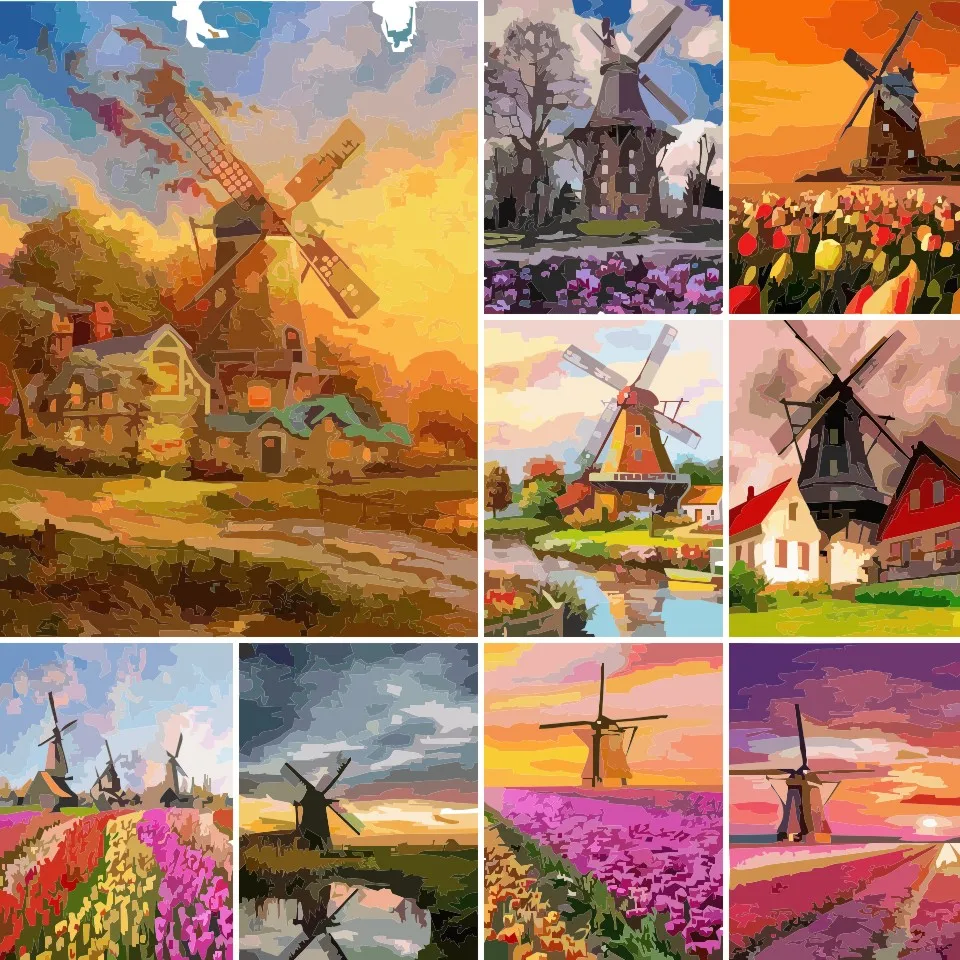 

Набор для рисования масляными красками «сделай сам», для детей и взрослых, пейзаж, мельница, рисование на холсте, акриловая краска, Набор для...