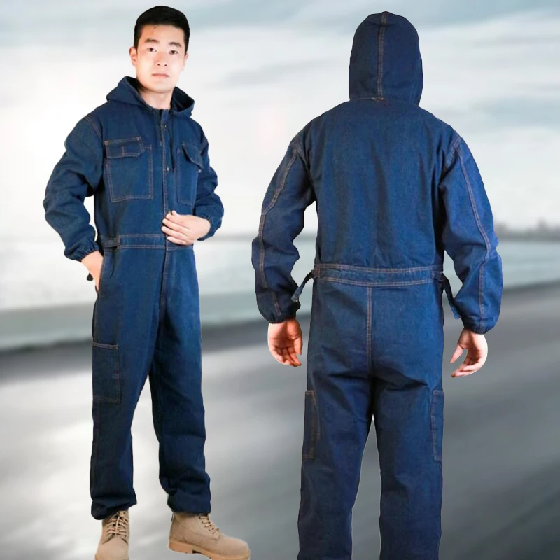 Unisex One-piece Overalls Denim Thicken Jeans Jumpsuit   Hooded Dust-proof Anti-fouling Overall Work Wear Cargo Pants S-4XL