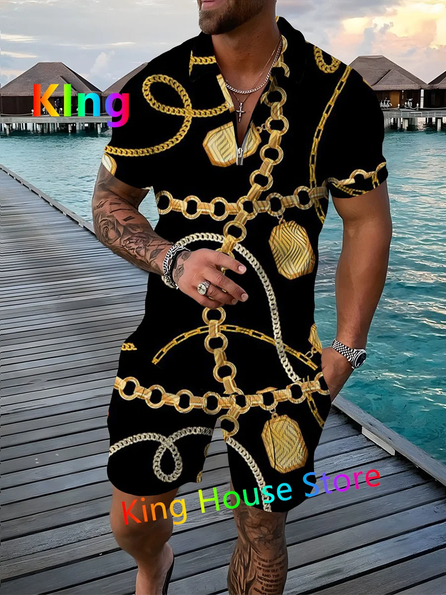 Fashion Men Casual Set Streetwear Luxury Chain Printing Short Sleeve Polo Shirt+Shorts Summer Harajuku Sportswear Men's Clothing
