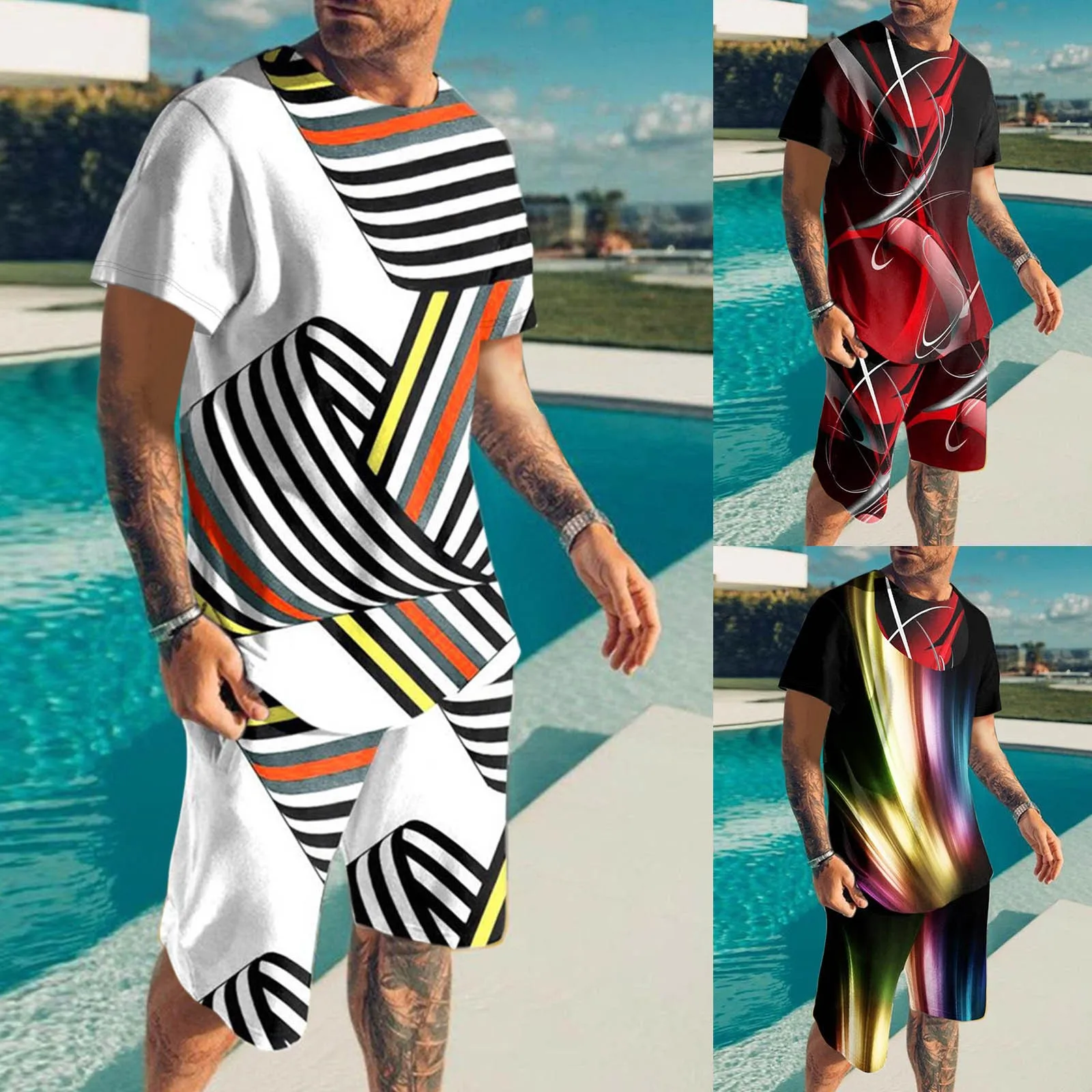 

7 Kinds New Style Men's Casual Round Neck Printed Pullover Short Sleeves T Shirt And Mid Waisted Short Sports Suit Fast Shipping