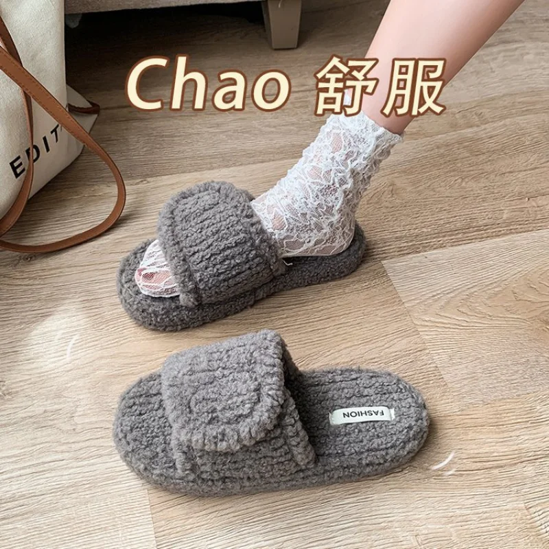 Thick Cotton Slippers Women's New Joker Home Short Plush Slippers In Autumn and Winter 2023 Plush Women Shoes Zapatos De Mujer