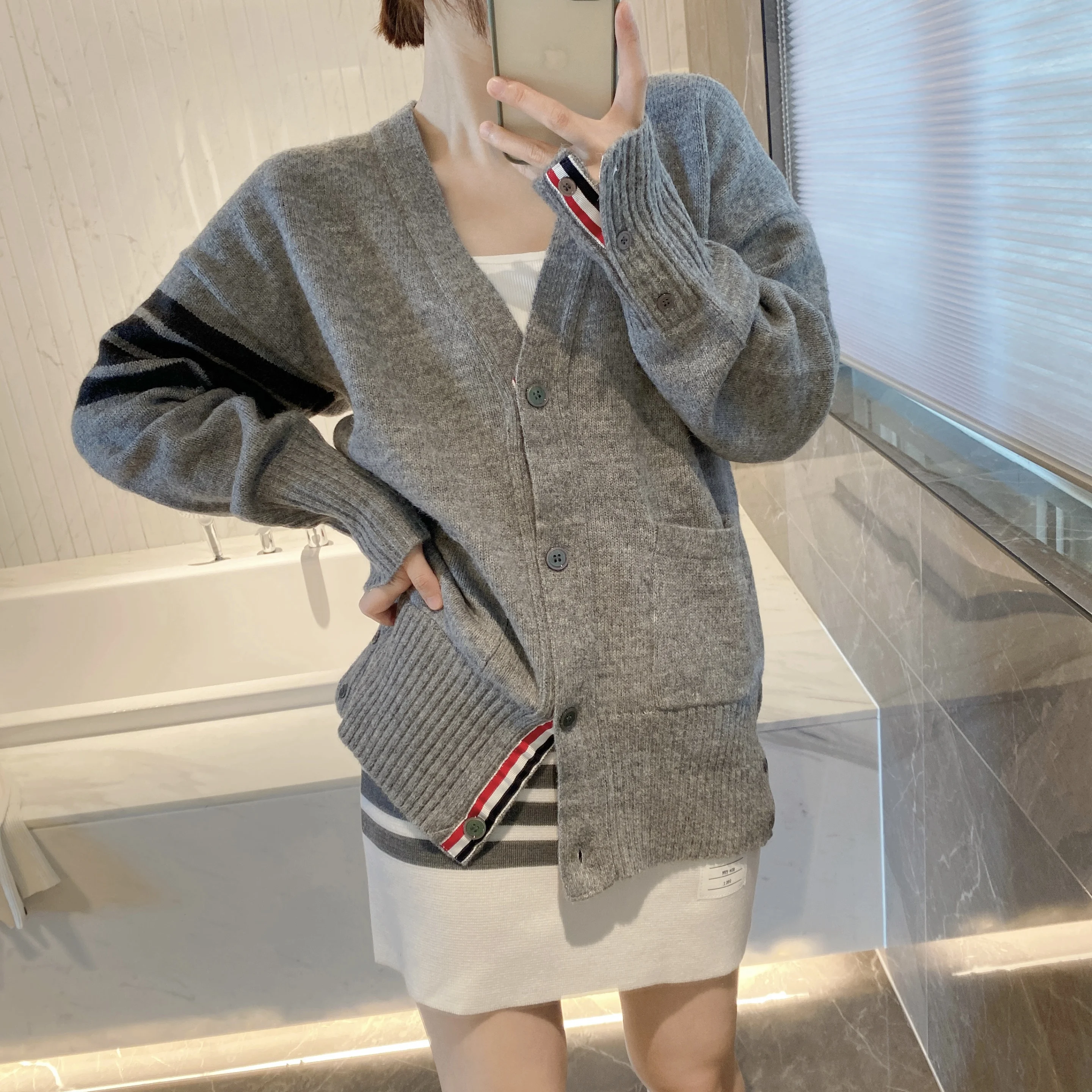 TB High-quality Fashionable Women's Four Stripe Loose Thin Wool Knitted Cardigan Coat