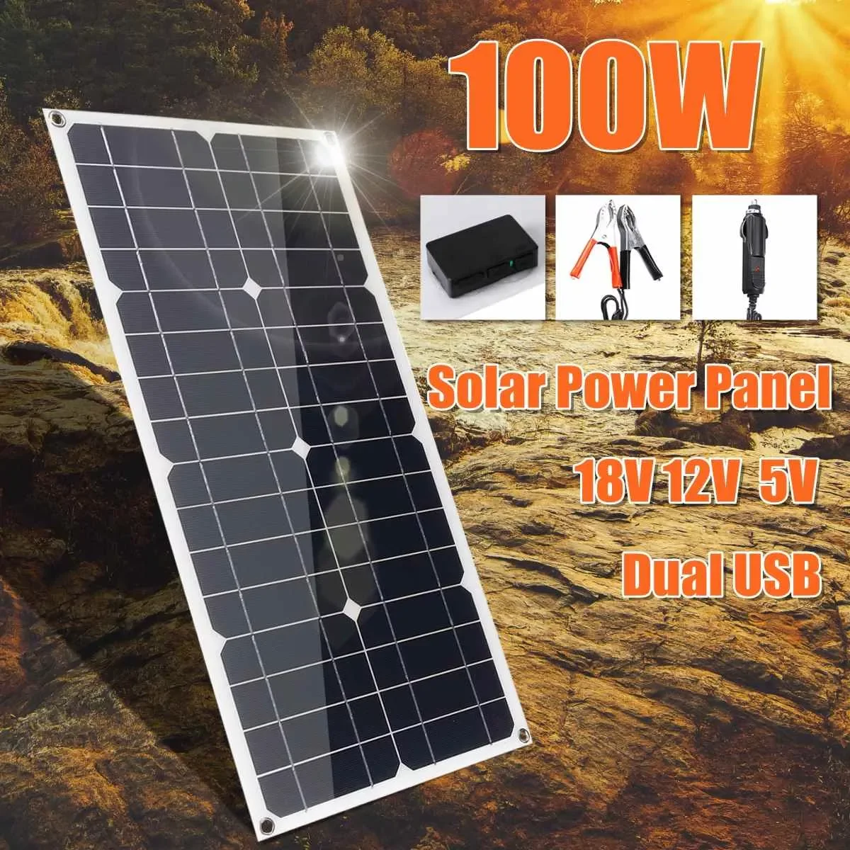 

100W With 10A Controller Solar Panel Dual USB+DC Waterproof Solar Cells Poly Solar Cells for Car Yacht RV Battery Charger