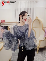 korean woman clothing flare sleeve flower print tunics 2022 fall new fashion ruffles top slimming waist long bell sleeve shirts