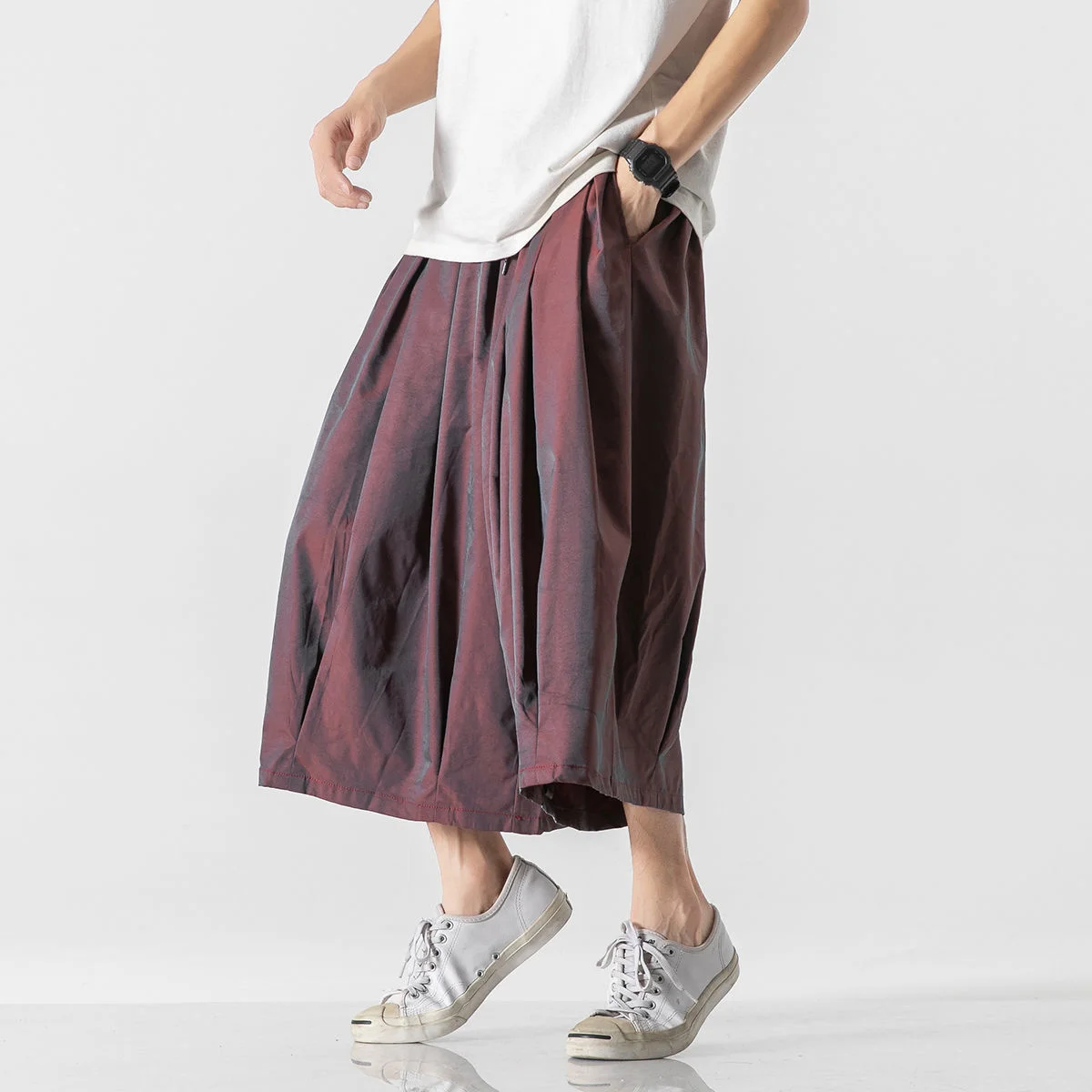 MrGB Summer Reflective Men Cropped Pants Oversized Baggy Chinese Style Gothic Male Elastic Waist Wide Leg Pants Casual Trousers