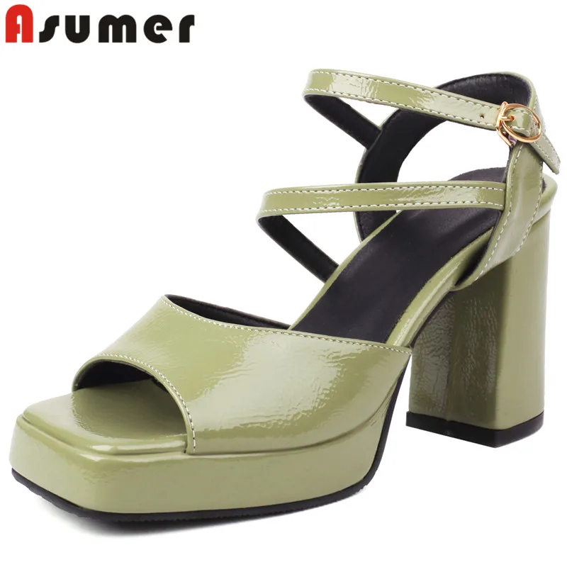 

ASUMER 2023 New Size 35-43 Patent Leather Platform Sandals Woman Buckle Ladies Summer Shoes Thick High Heels Dress Sandals