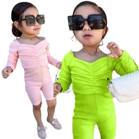 toddler kids shoulderless long sleeve jumpsuits girls fashion solid wrinkle short playsuits infant child summer overalls sunsuit