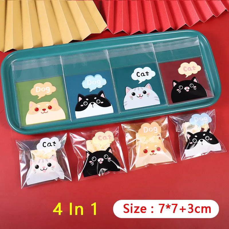 AQ 100pcs Cartoon Little Cat Dog Head Label 4In1 Four Color Frosted Sweet Gift Self-adhesive Bag Party Homemade Baked Goods Bags