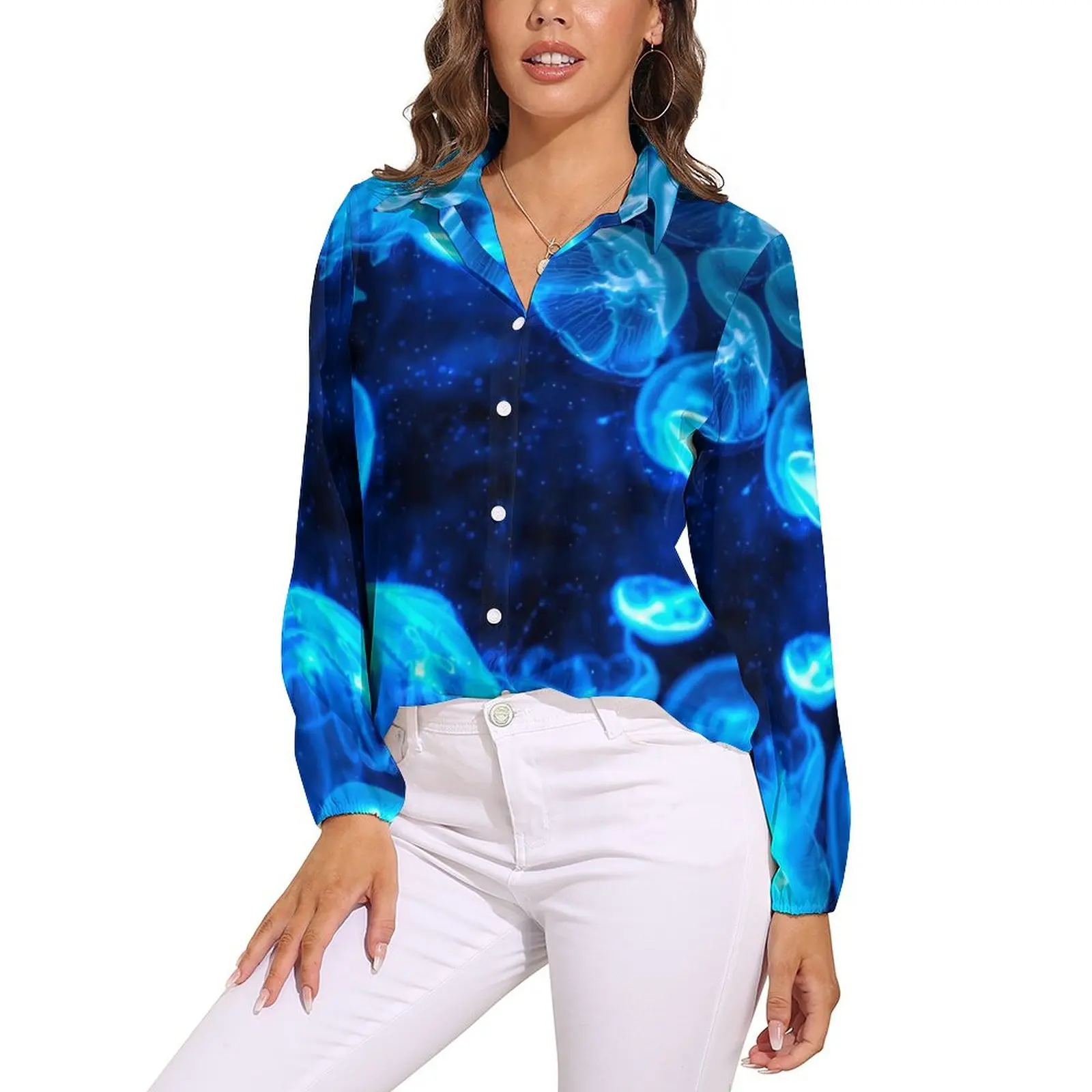 

Nautical Jellies Print Loose Blouse Blue Jellyfish Street Wear Oversize Blouses Lady Long-Sleeve Office Shirt Summer Design Tops