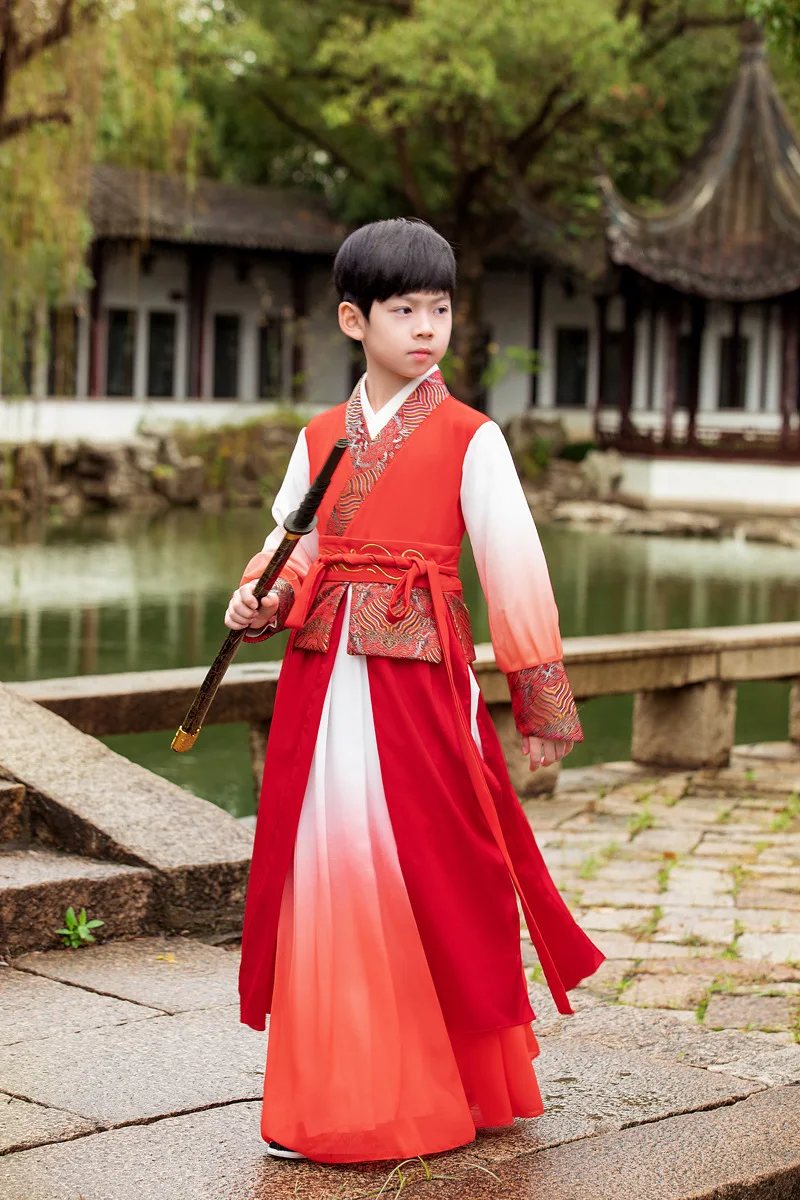 

Детская сценическая одежда для выступлений, танцевальный костюм, Китайская традиционная Династия Тан, красная Детская Униформа ханьфу для мальчиков
