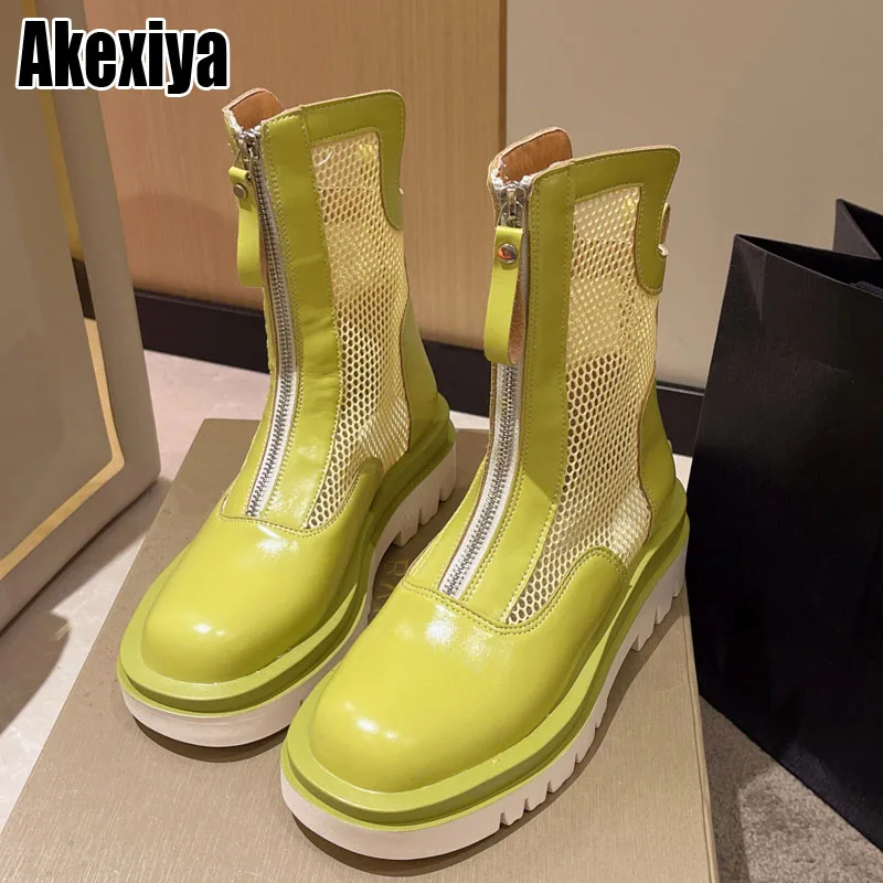 

2022 Breathable Mesh Summer Women's Ankle Boots New for Women Fashion Black Zipper Casual Shoes Woman Flat Platform Boots