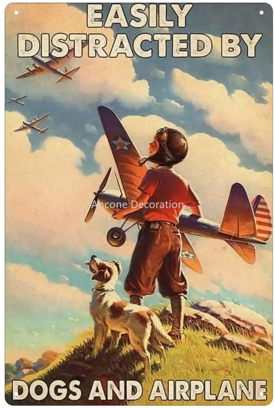 

Pilot And Dog Poster Tin Sign, Old-Fashioned Metal Wall Art Plaque -Easily Distracted By Dog And Airplanes, Bar, Home,