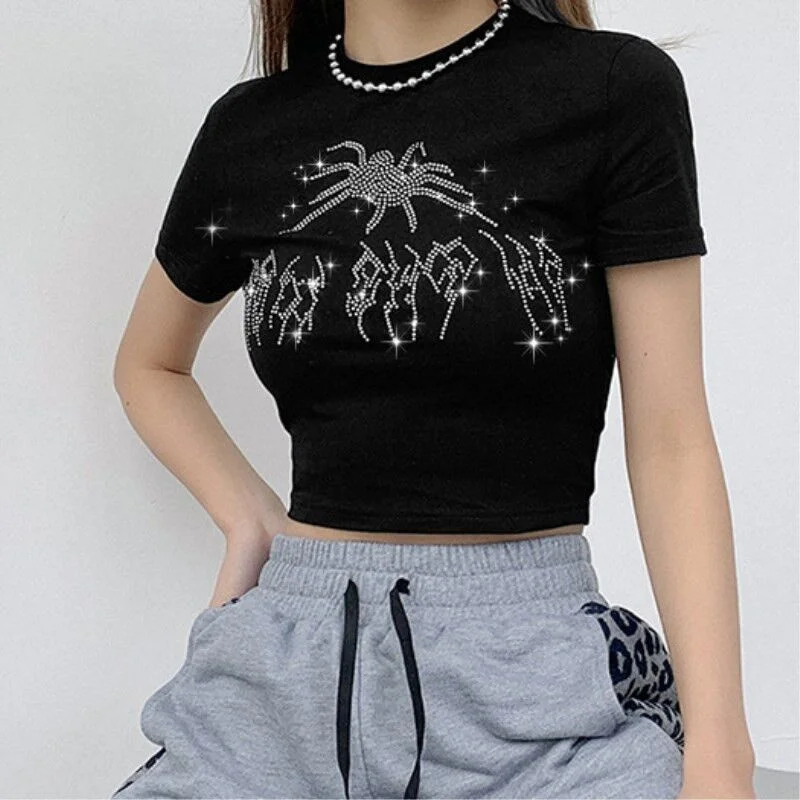 

Female Tank T-shirt Y2k Shiny Drill Vintage Rhinestone Bling Spider Graphic Black Crop Tops O-neck Short Sleeve T-shirts Clothes