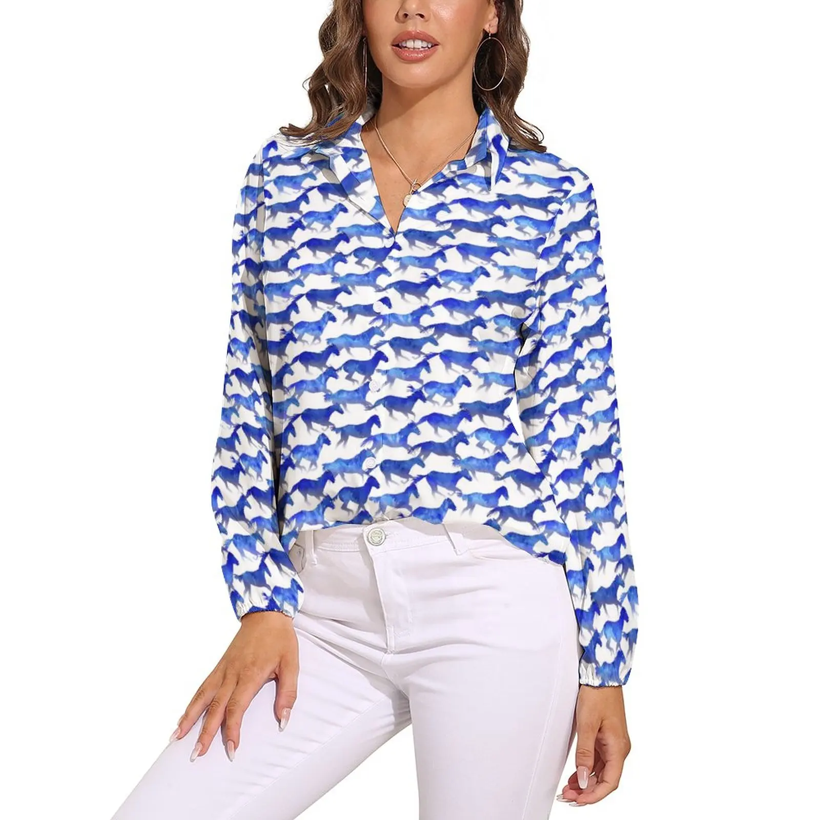 

Watercolor Horse Loose Blouse Blue Animal Print Street Wear Oversize Blouses Female Long Sleeve Pretty Shirt Spring Design Tops