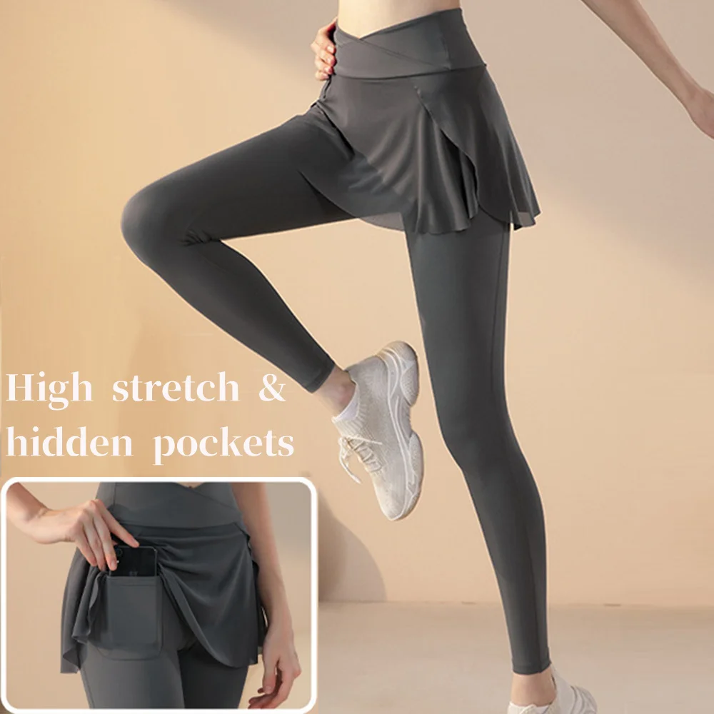 Women Activewear Pants Fake Two With Skirt Hip Lift Gym Yoga Pants Sports Clothes Stretchy High Waist Athletic Fitness Leggings