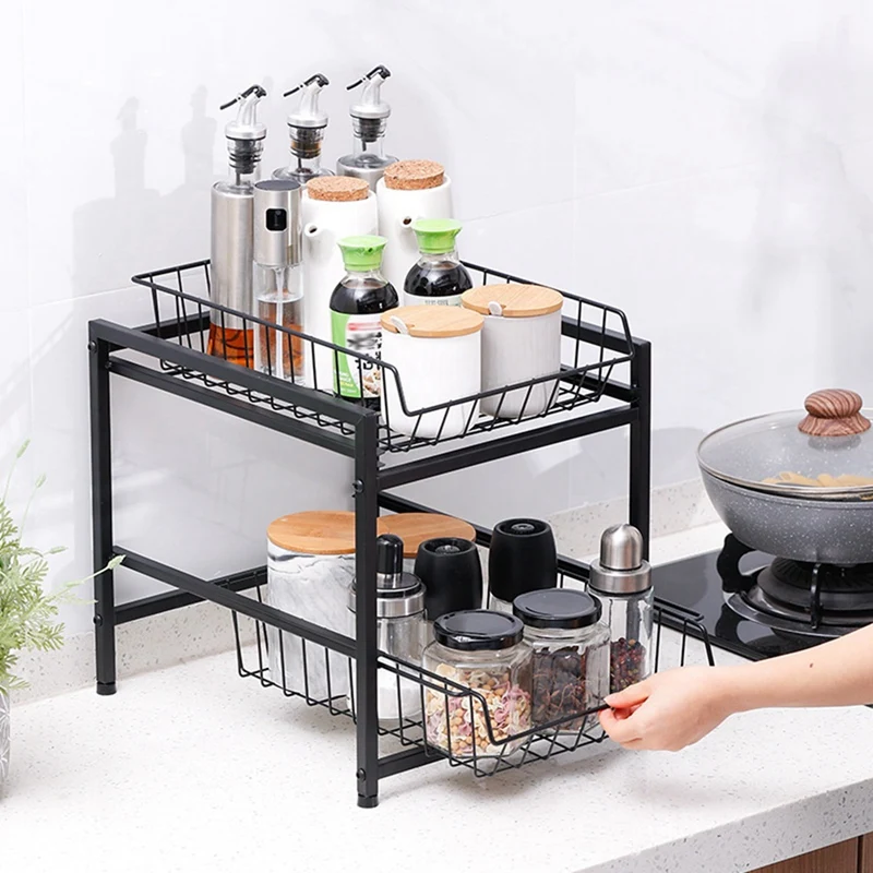 

Stackable 2-Tier Kitchen Cabinet Organizer Under Sink Organizer Rack With Sliding Storage Basket Drawers, Black