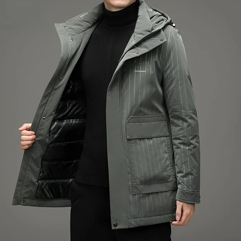 New Winter Men's Down Jacket Long Sleeve Jackets Hooded High-end Coat Leisure Warm White Duck Down