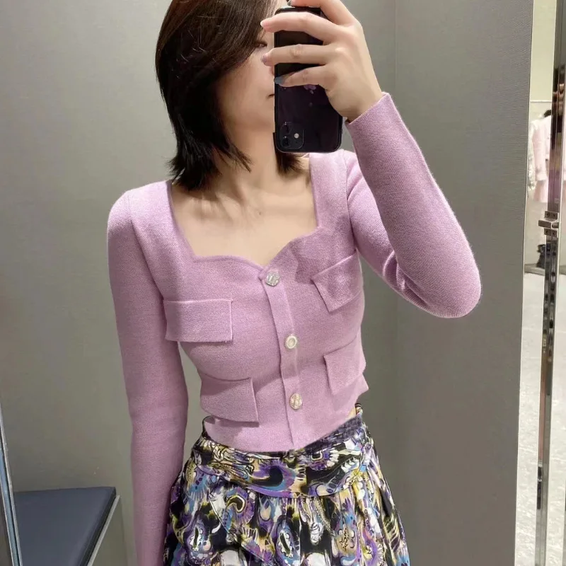 Женский винтажный шерстяной вязаный кардиган с квадратным вырезом