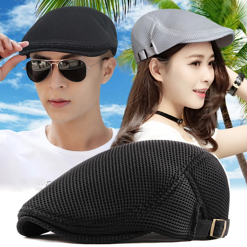 

Summer Men Women Casual Beret Hat New Fashion Solid Color Flat Cap Newsboy Style Gatsby Hat Adjustable Breathable Mesh Caps