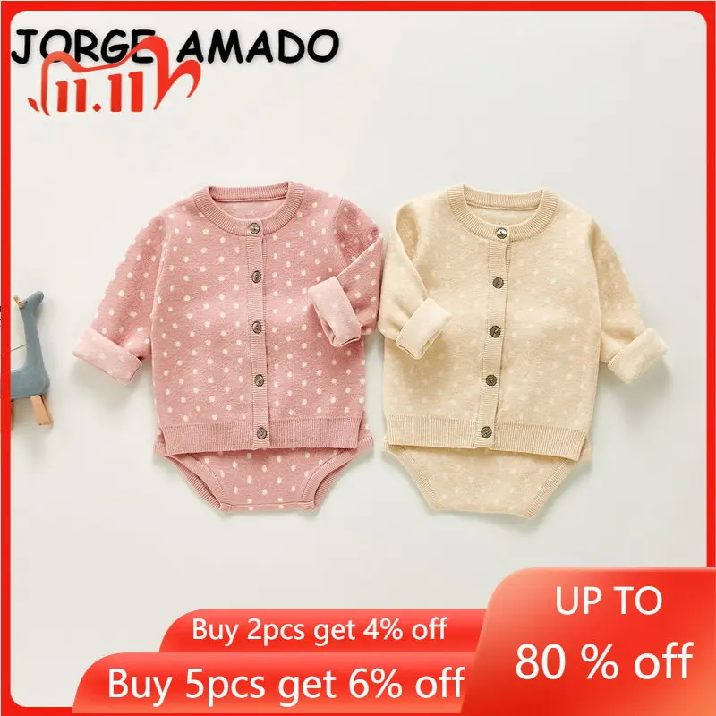 

2022 New Spring Baby Girl 2-pcs Sets Long Sleeves Round Collar Open Stitch Dot Sweater+Big PP Knit Shorts Children Outfits E1302