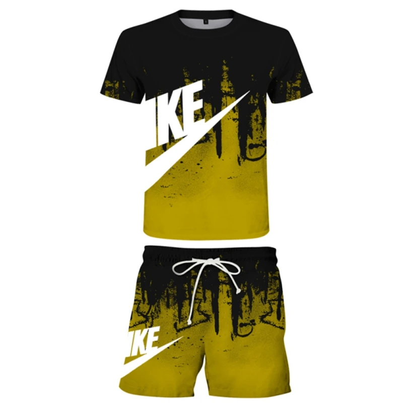 Summer Casual Men's T-shirt + Pants Suit Brand Short Sleeve Set Luxury Printed Cotton Shirts Jogging Sweatpants Male Sportswear