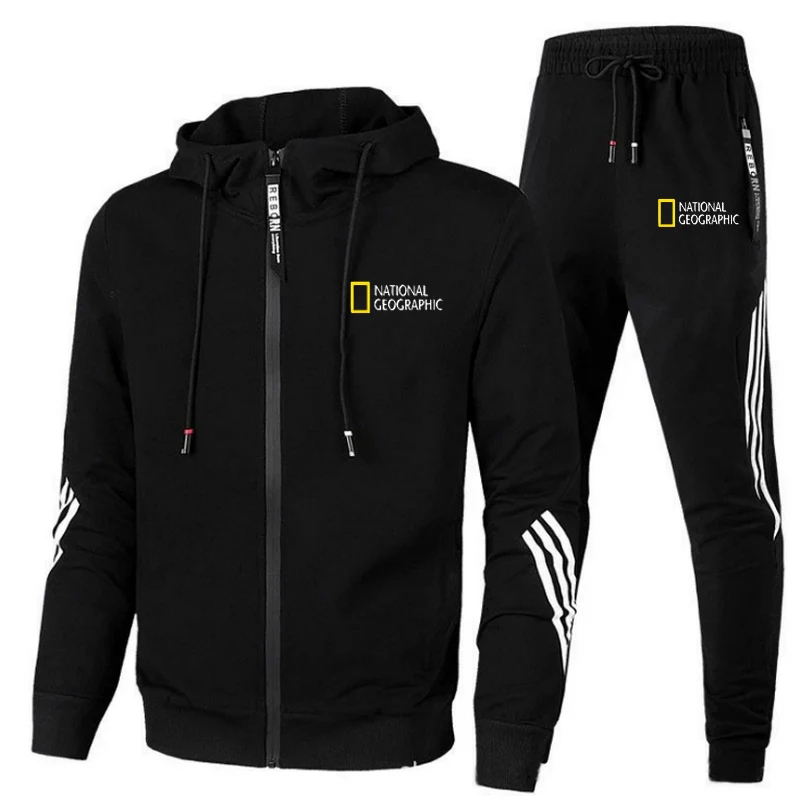 

National Geographic Men Fitness Sets Zipper Hoodie+Pants 2 Pieces Casual Tracksuit Male Sportswear Gym Brand Clothing Sweat Suit