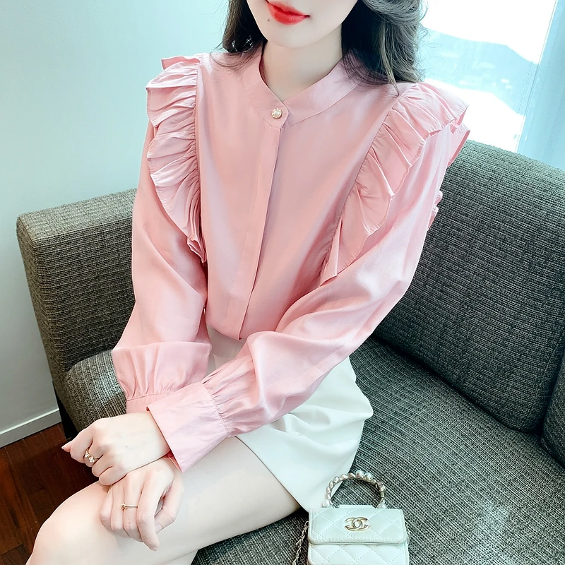 

Autumn Women's Long Sleeved Standing Neck Vintage Lantern Sleeve Solid Color Ruffle Versatile Chiffon Blouse Tops Camisas A492