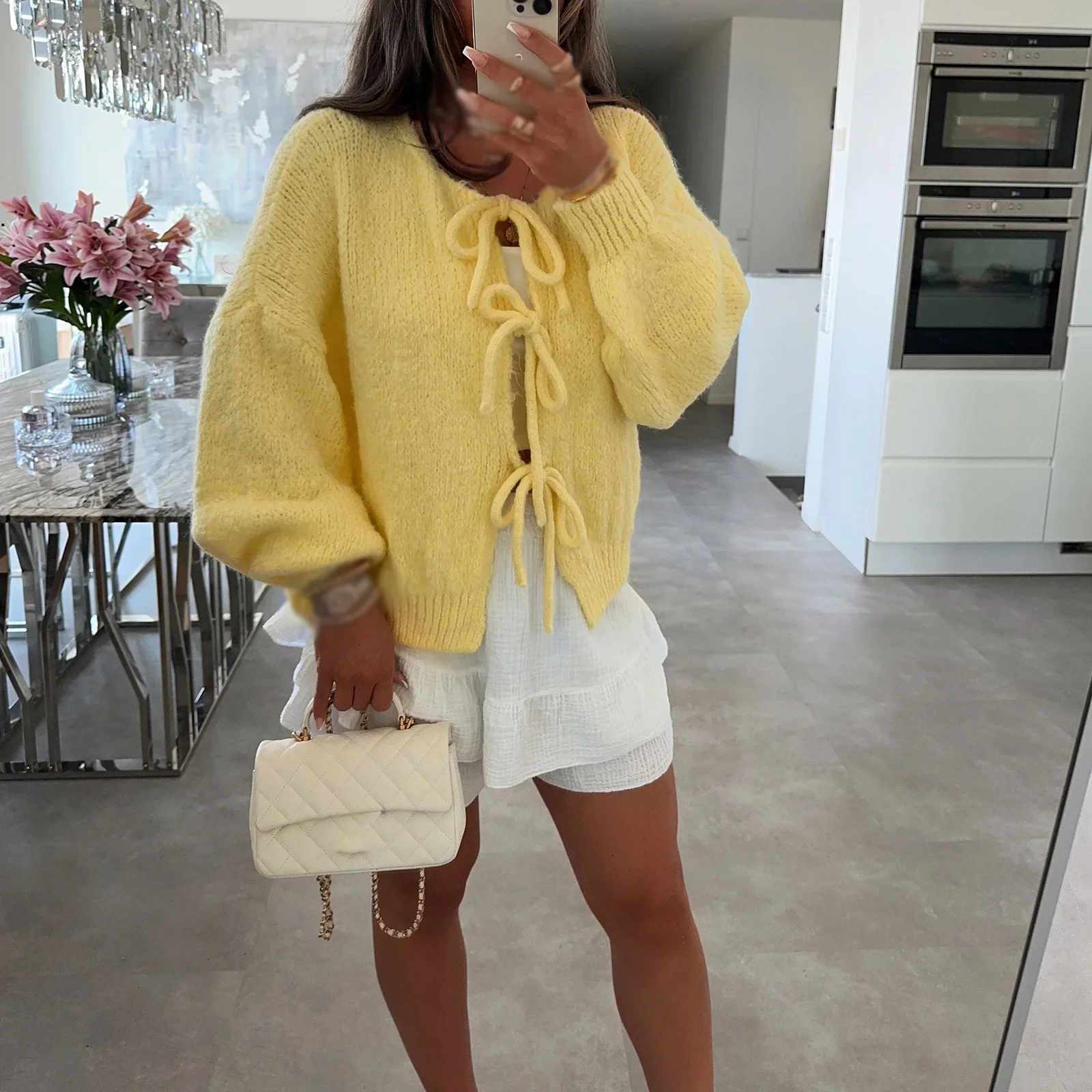 Женский трикотажный кардиган с круглым вырезом и длинным рукавом