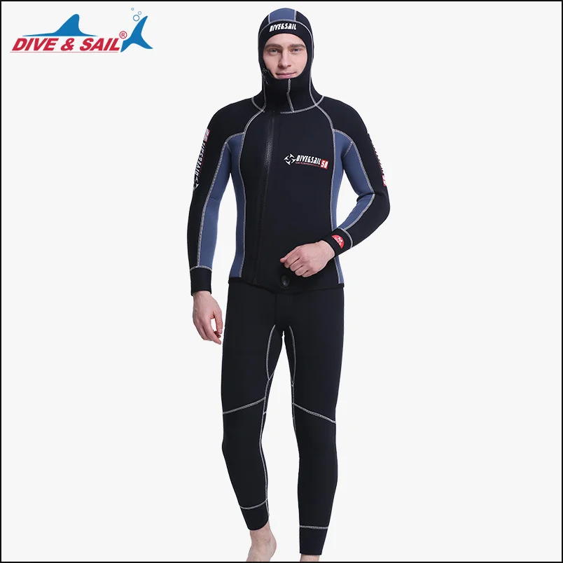 Double Warm Professional 5MM 2-Piece Neoprene Scuba Dive Wetsuit With Hood Zipper Split Spearfishing Wet Suit For Men Equipment